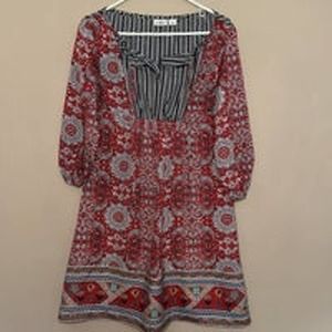 Cato Red Black Floral Print Long Sleeve‎ Lightweight Dress Women's Small